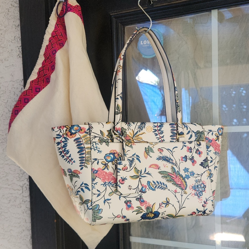 Tory Burch Floral Print Small Tote in Cream with Multi-Color Blooms